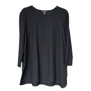 Eileen Fisher Black Stretch Tunic Top 3/4 Sleeve Goth Minimalist Viscose Tee